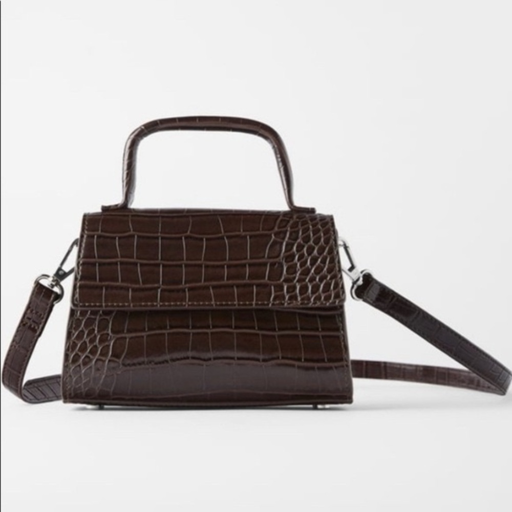 Zara Brown Crocodile-Embossed Handbag